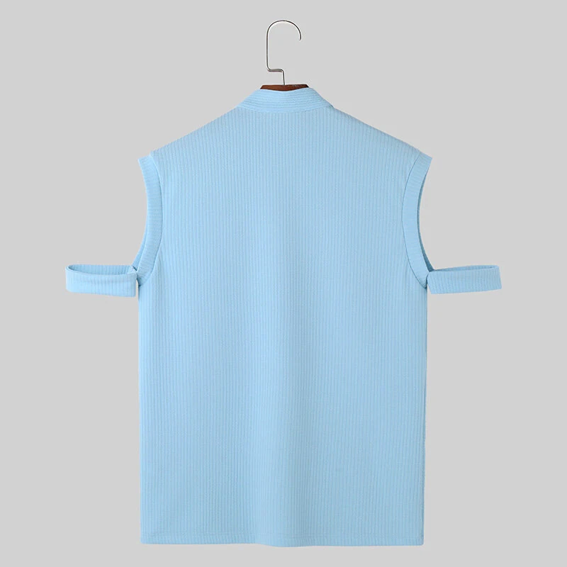 (image for) INCERUN Mens Solid Knit Textured Notched Neck T-Shirt Comfortable Stand Collar Short Sleeve Top for Male