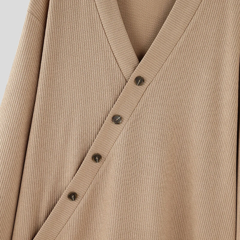 (image for) INCERUN Mens Textured Asymmetrical V-Neck Long-Sleeve Sweater Comfortable Solid Color Casual Fall Winter Top S-5XL