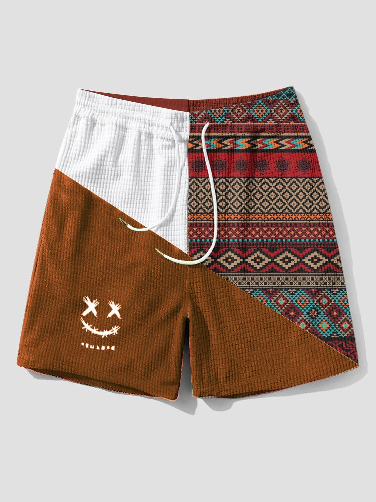 (image for) Mens Ethnic Geometric Funny Face Pattern Patchwork Corduroy Shorts